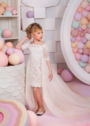 Ivory Lace Knee Length Flower Girl Dress With Detachable Train